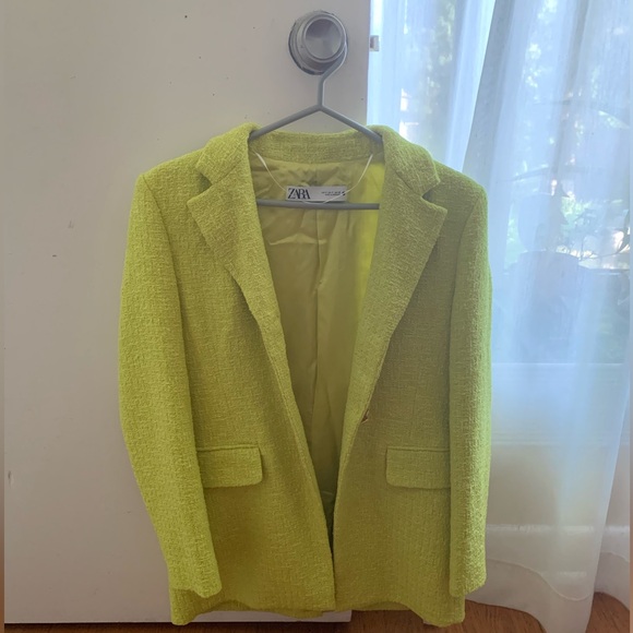 Zara - Lime Green Textured Weave Oversized Long Blazer - Picture 4 of 7